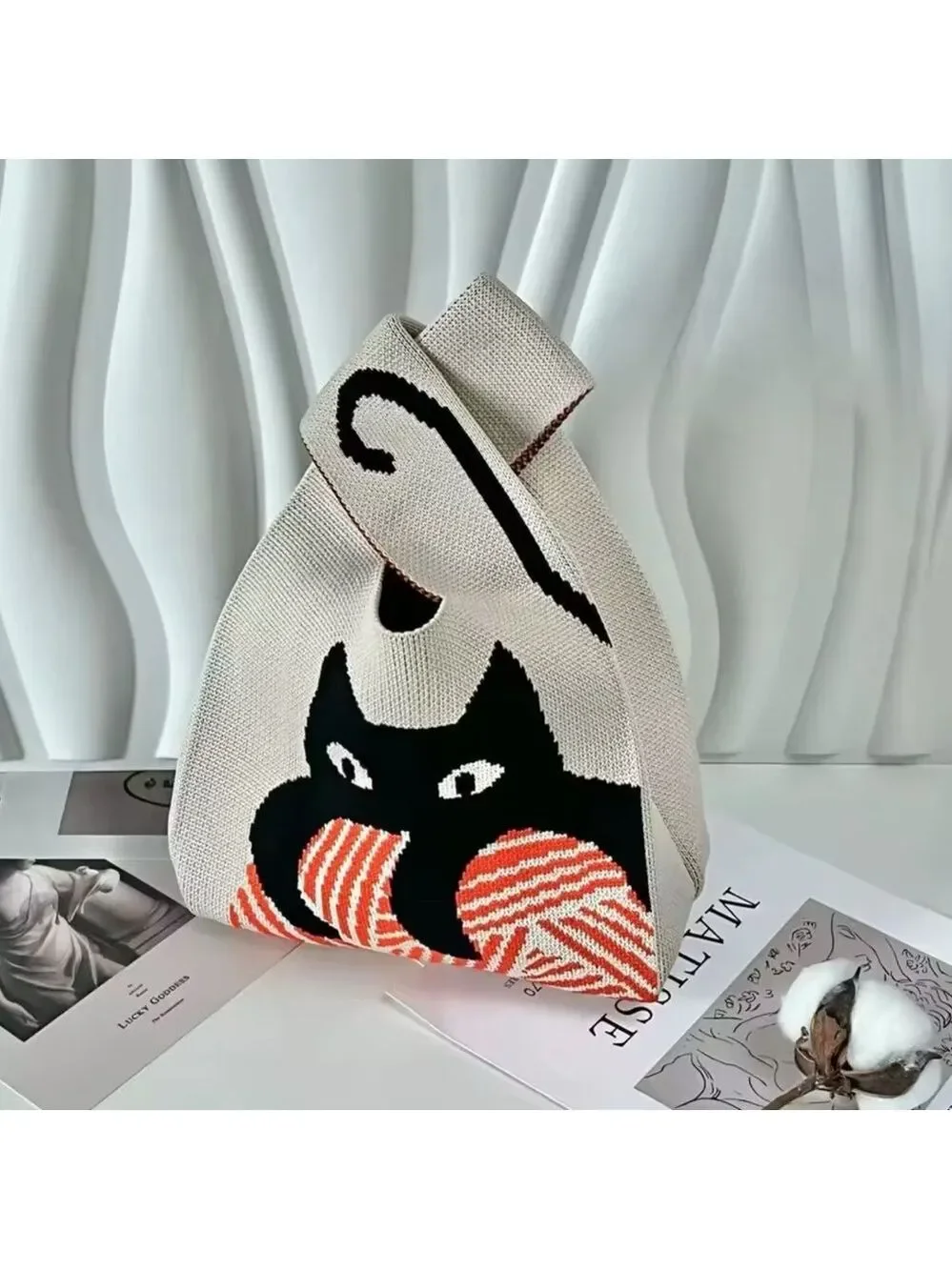 MURDER MITTENS BLACK CAT MINI KNOT WRIST LOOP CASUAL KNOT WRISTLET DROP KNIT BAG